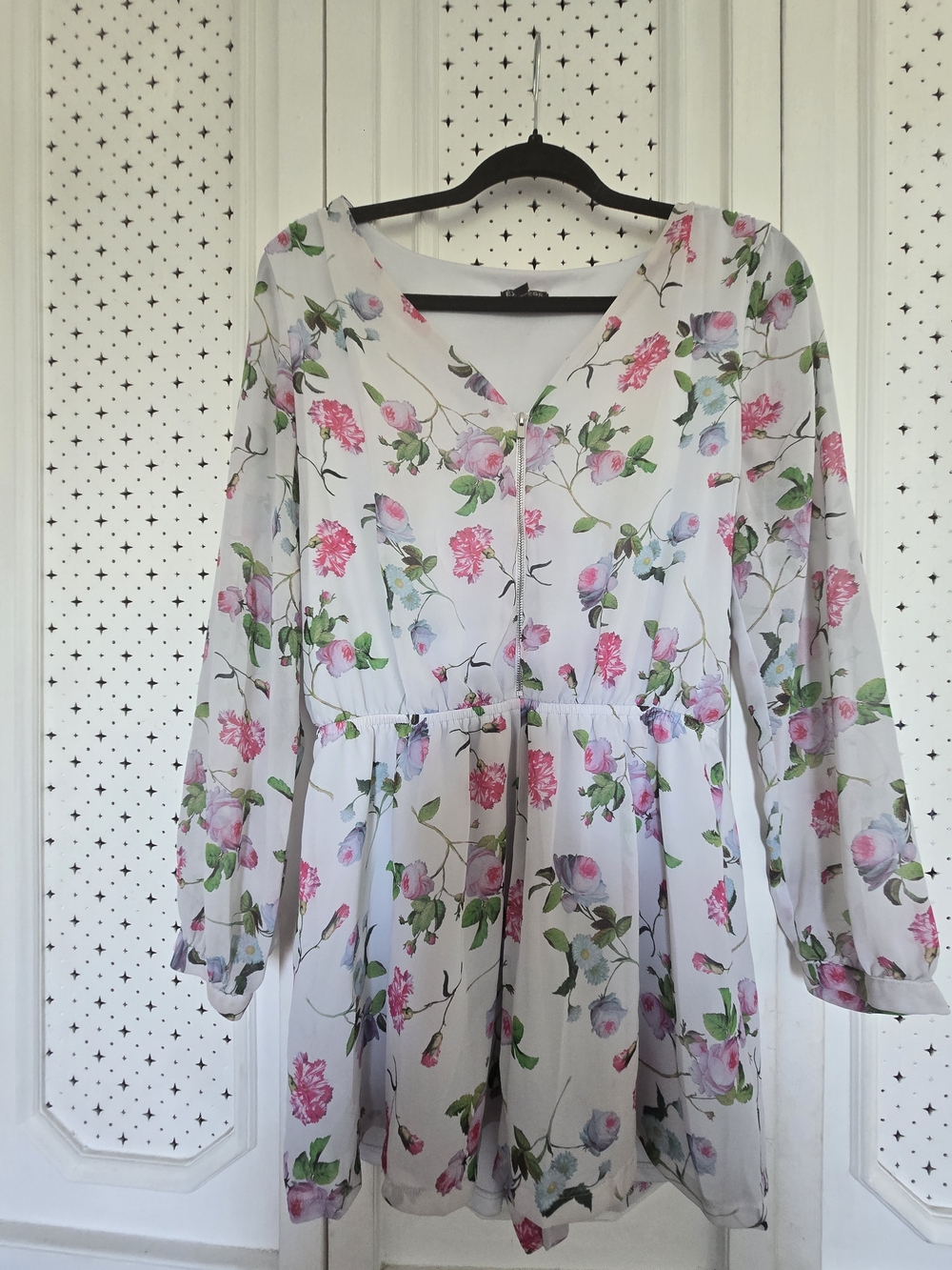 Express Floral V-Neck Long Sleeve Mini Romper - White with Pink & Green Blooms